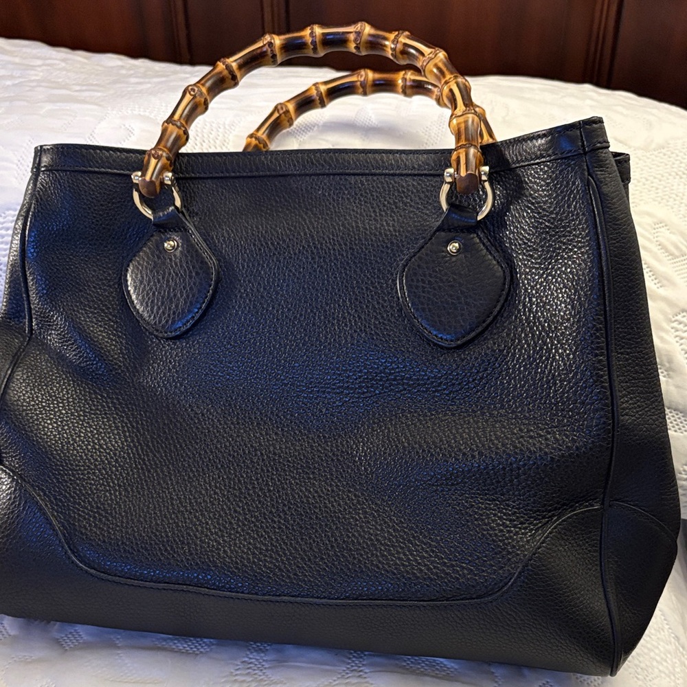 Elegant Black Leather Tote with Bamboo Handles